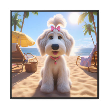 White Doodle Puppy Cartoon Inspired w/Pink Bow - Wooden Gallery Canvas - Square Frame - Nice!