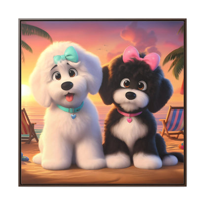 Doodle Puppies on Beach, Cartoon Inspired - Wooden Gallery Canvas Picture - Square Frame - Nice!