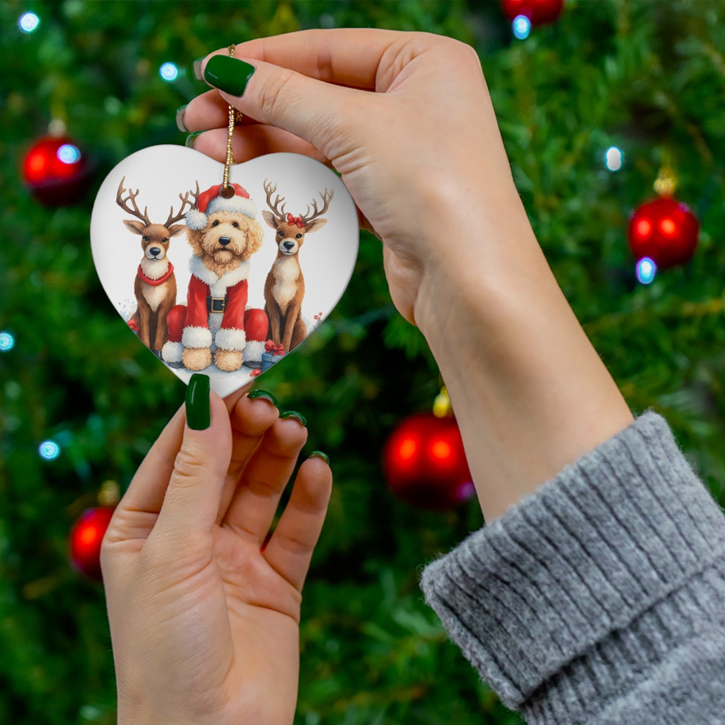 Christmas Santa Doodle w/Reindeer Ceramic Ornament, 4 Shapes