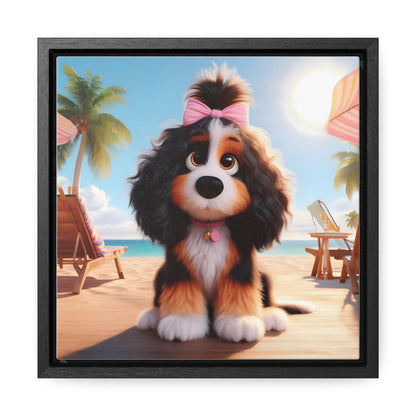 Bernedoodle Puppy, Cartoon Inspired - Wooden Gallery Canvas Picture - Square Frame - Nice!