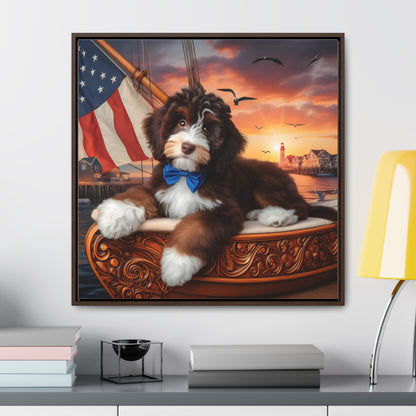 Brown and White Bernedoodle on Sailboat - Wooden Gallery Canvas Picture - Square Frame - Nice!