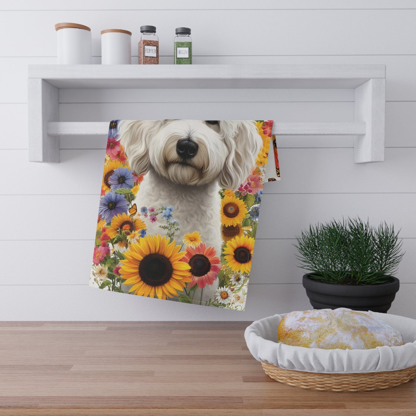 White Sunflower Doodle Kitchen Towel