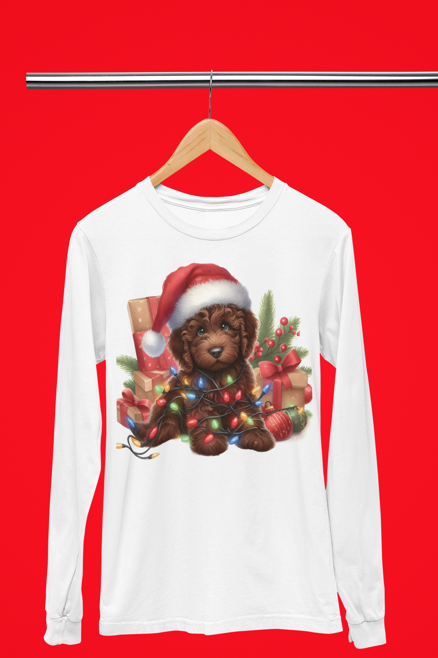 Chocolate Brown Christmas Doodle - Adult Unisex Long Sleeve T Shirt Bella + Canvas