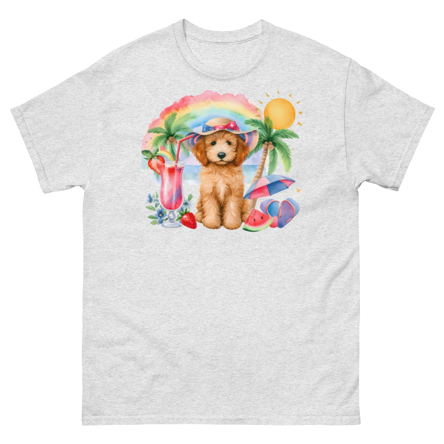 Doodle Puppy on Beach with Drink - Men's Classic Gildan T Shirt