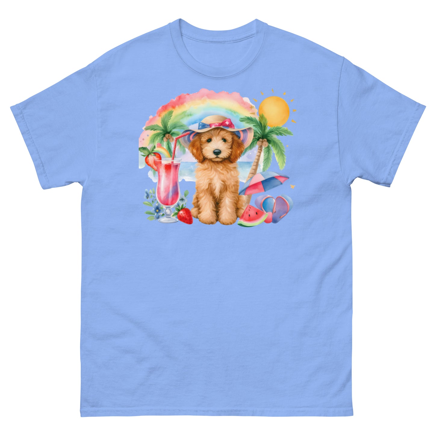 Doodle Puppy on Beach with Drink - Men's Classic Gildan T Shirt