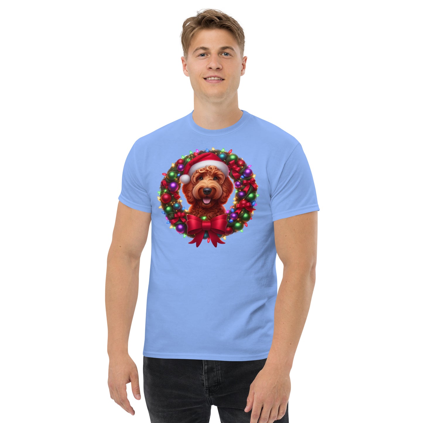 Red Christmas Doodle Wreath - Adult Unisex Classic Gildan T Shirt