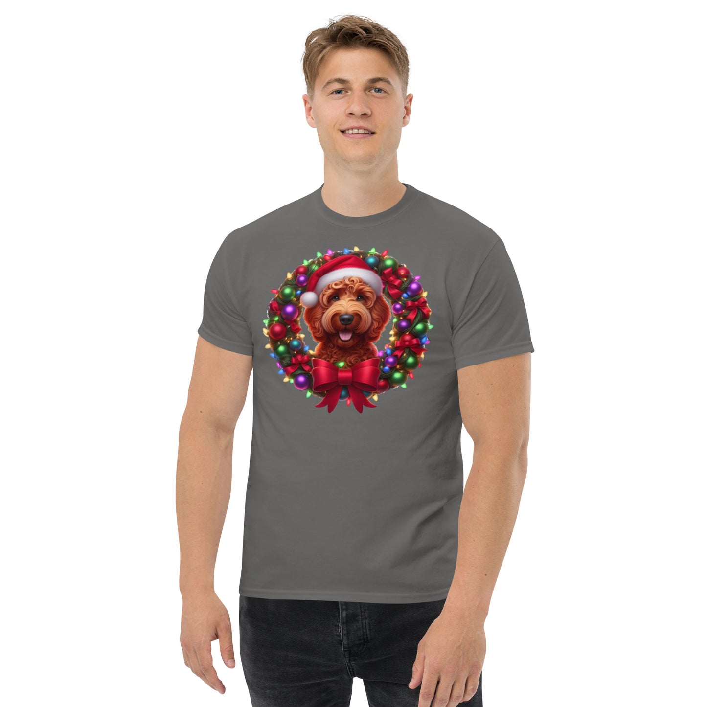 Red Christmas Doodle Wreath - Adult Unisex Classic Gildan T Shirt