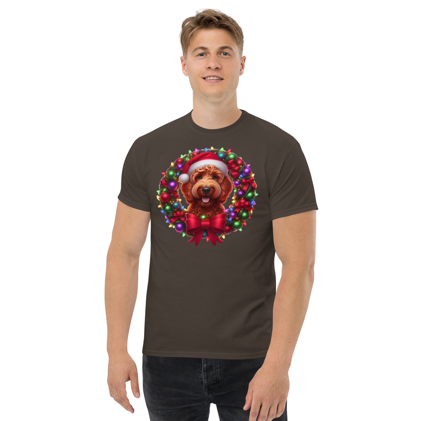 Red Christmas Doodle Wreath - Adult Unisex Classic Gildan T Shirt