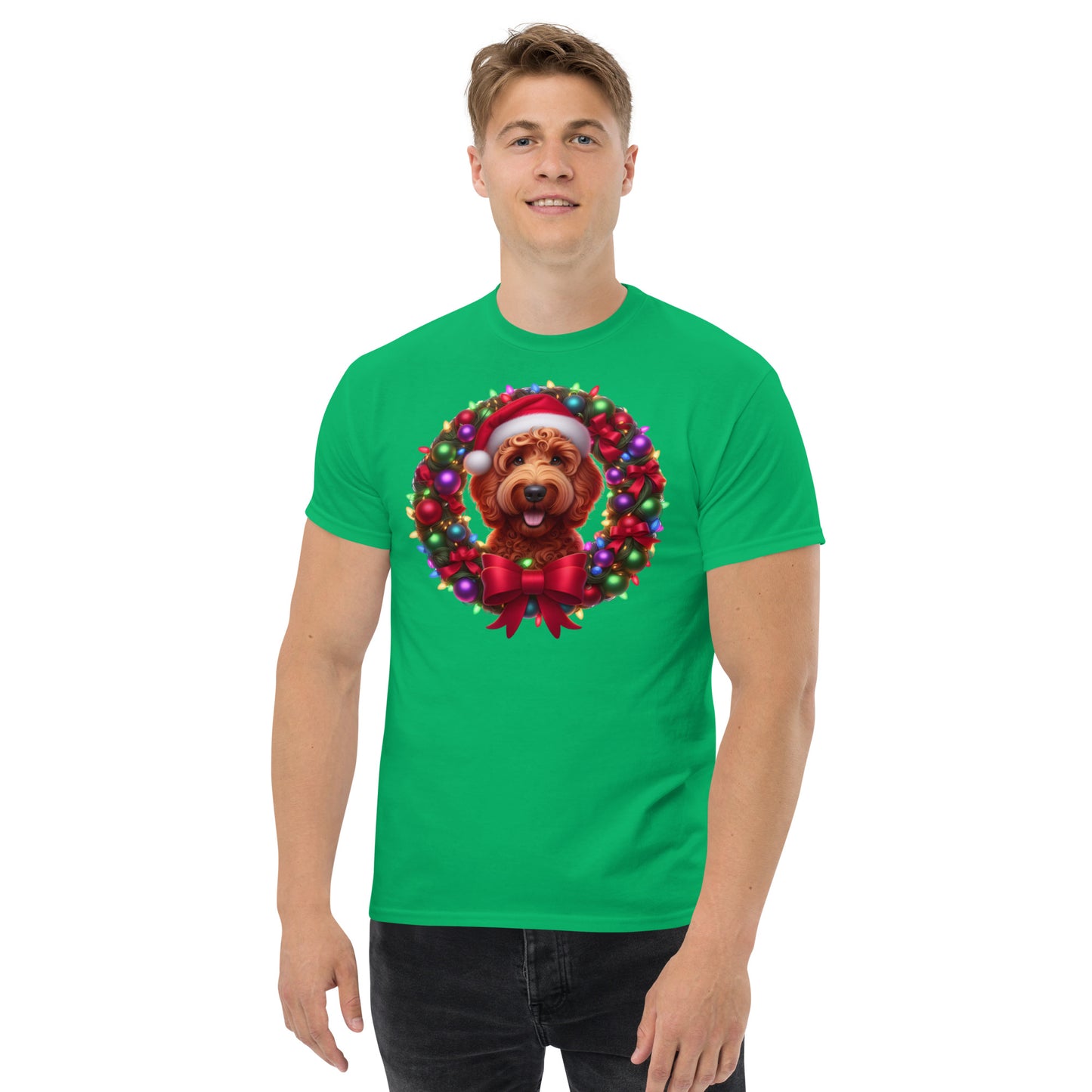 Red Christmas Doodle Wreath - Adult Unisex Classic Gildan T Shirt