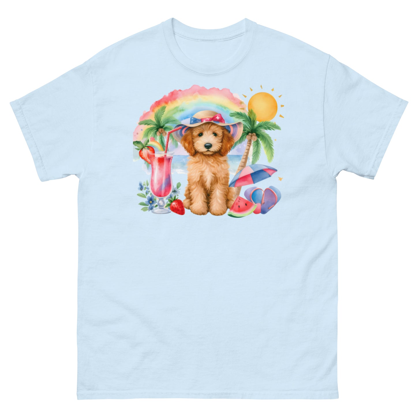 Doodle Puppy on Beach with Drink - Men's Classic Gildan T Shirt