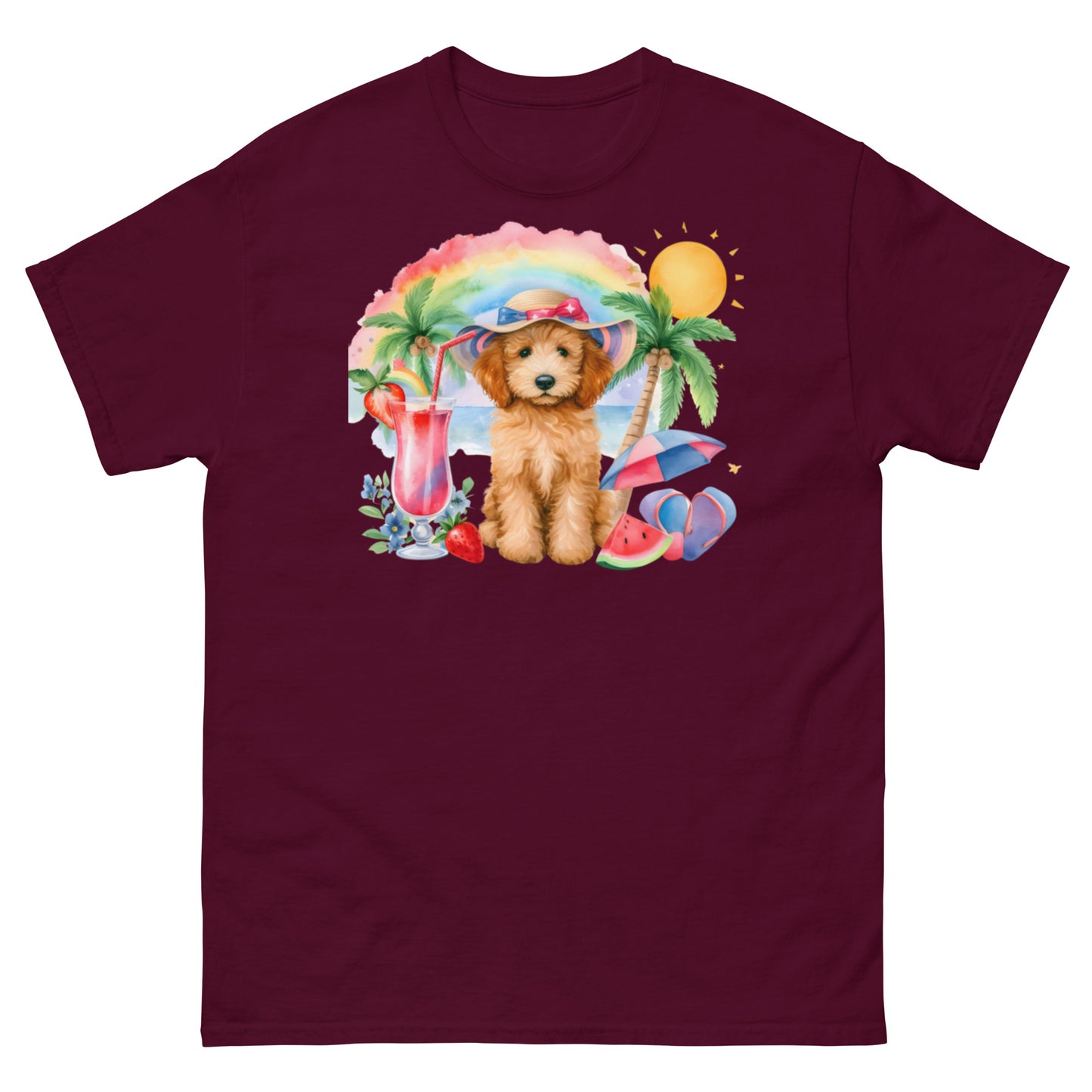 Doodle Puppy on Beach with Drink - Men's Classic Gildan T Shirt