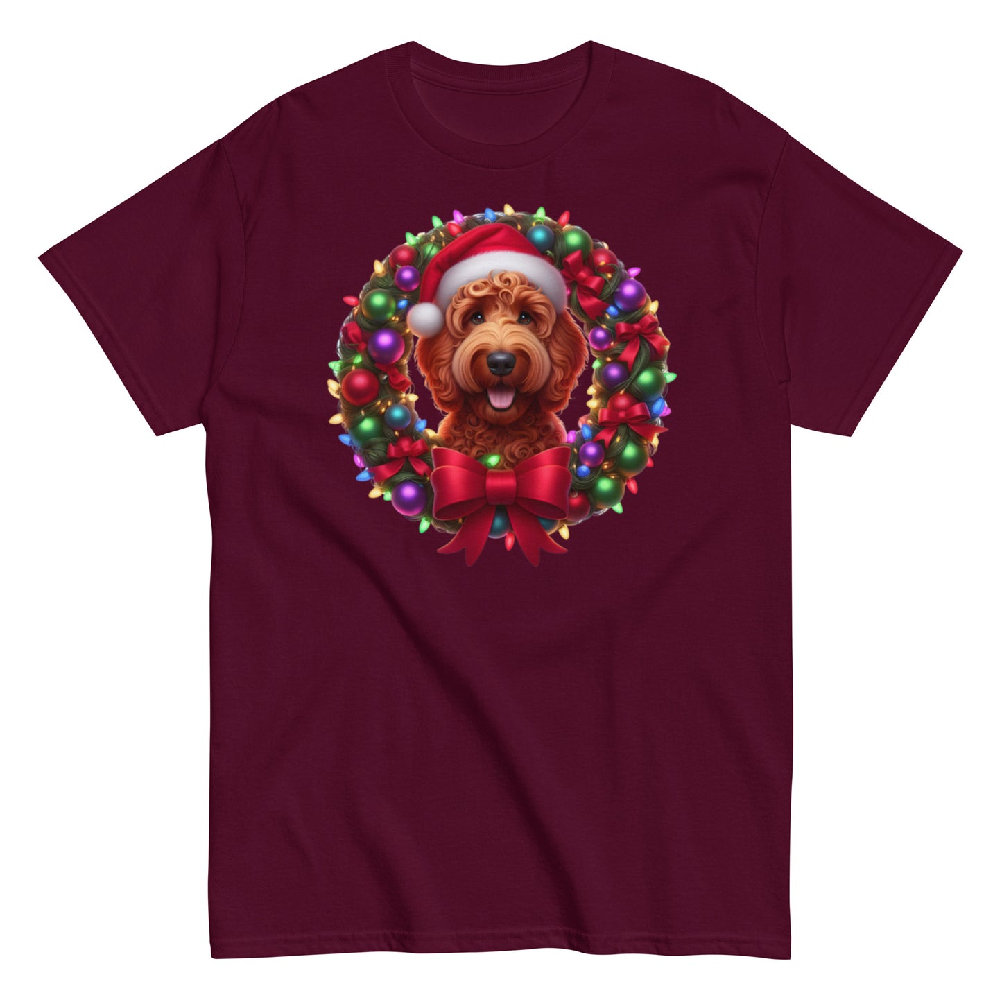 Red Christmas Doodle Wreath - Adult Unisex Classic Gildan T Shirt