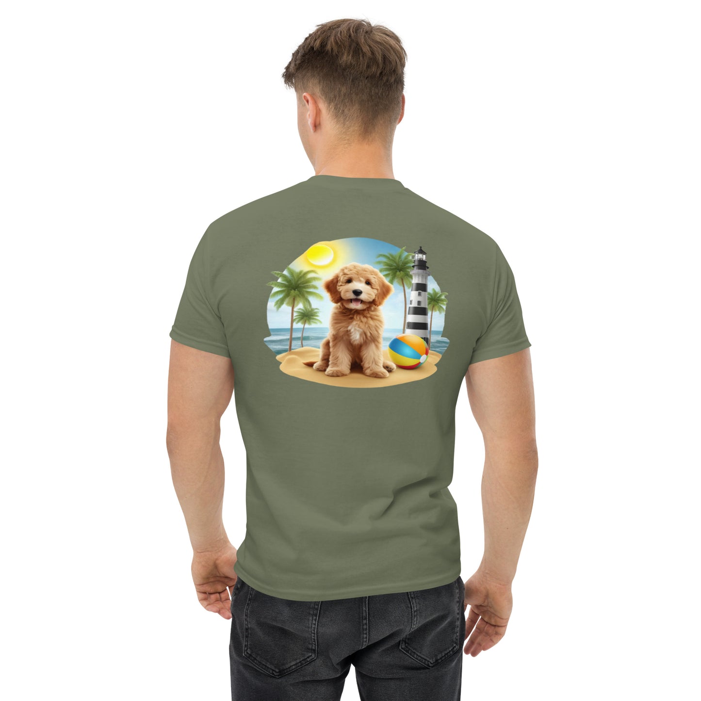 Doodle on Beach with Lighthouse - Men's Classic Gildan T Shirt