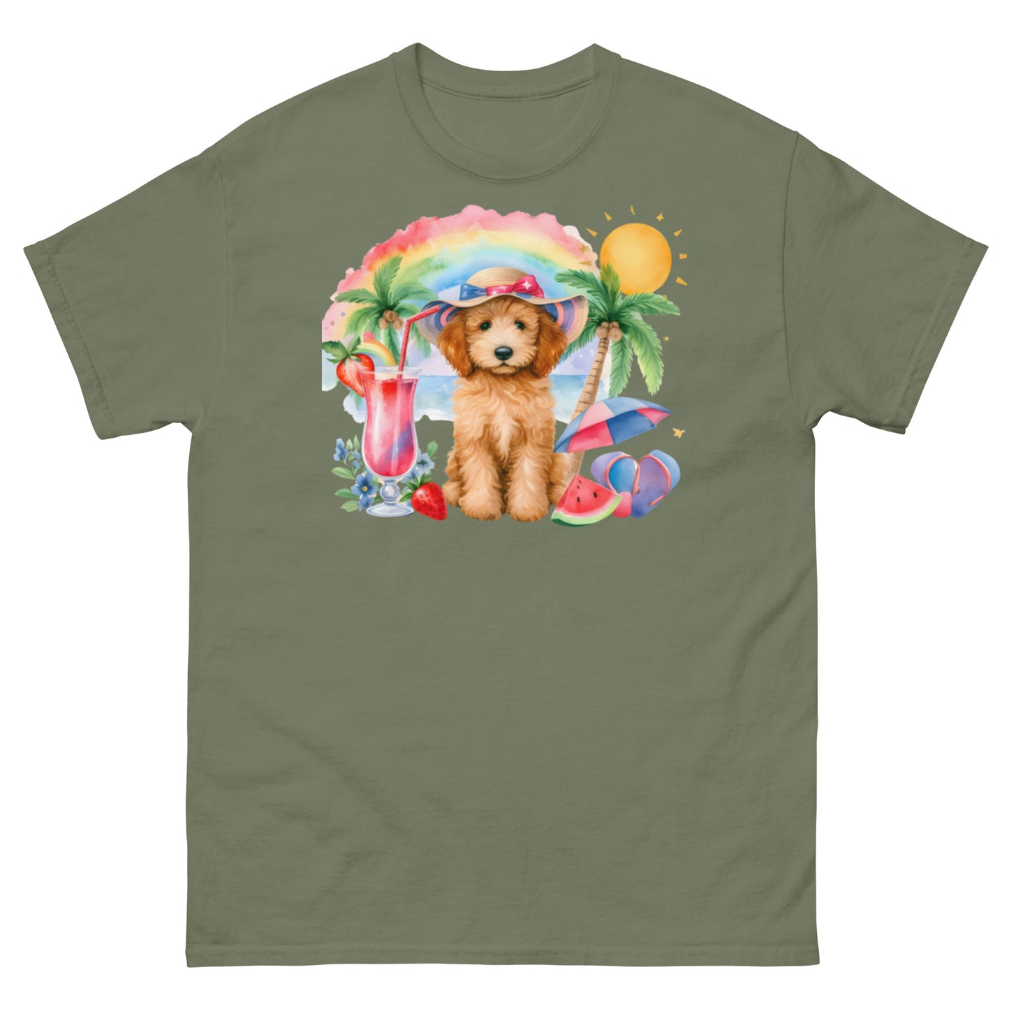 Doodle Puppy on Beach with Drink - Men's Classic Gildan T Shirt