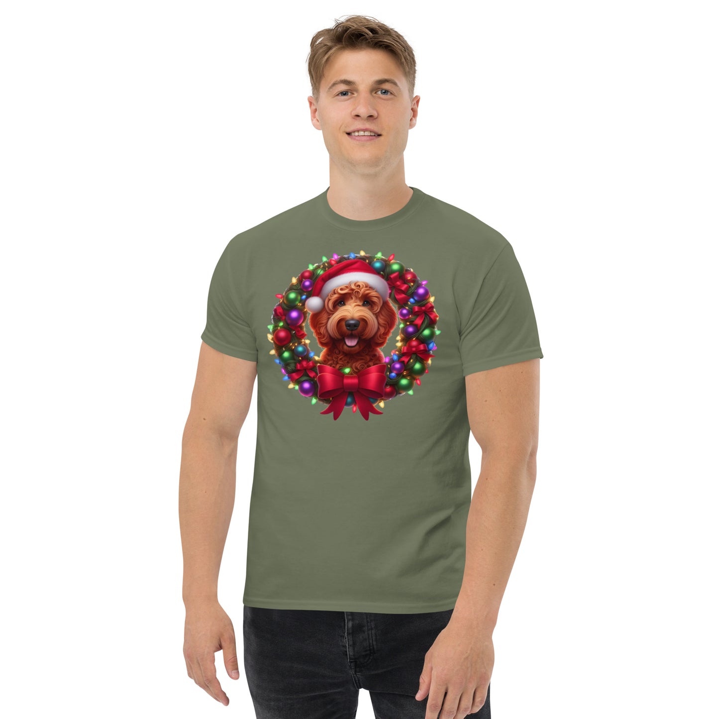 Red Christmas Doodle Wreath - Adult Unisex Classic Gildan T Shirt