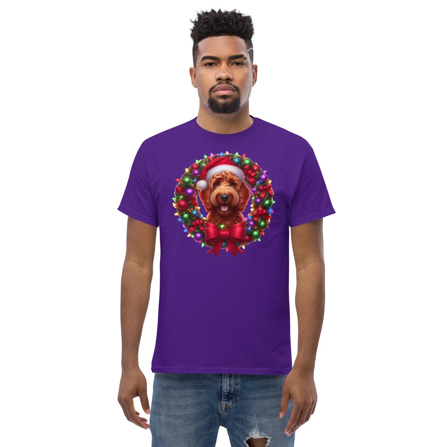 Red Christmas Doodle Wreath - Adult Unisex Classic Gildan T Shirt