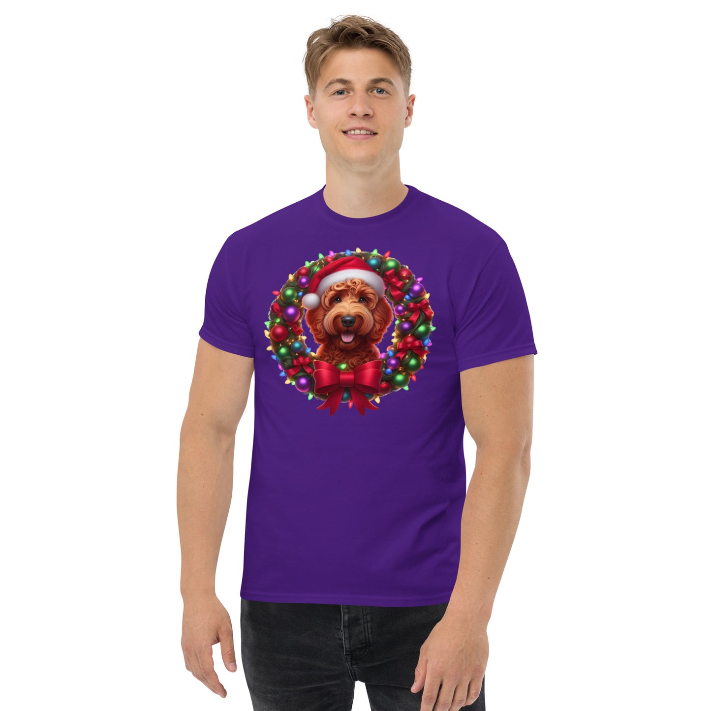 Red Christmas Doodle Wreath - Adult Unisex Classic Gildan T Shirt