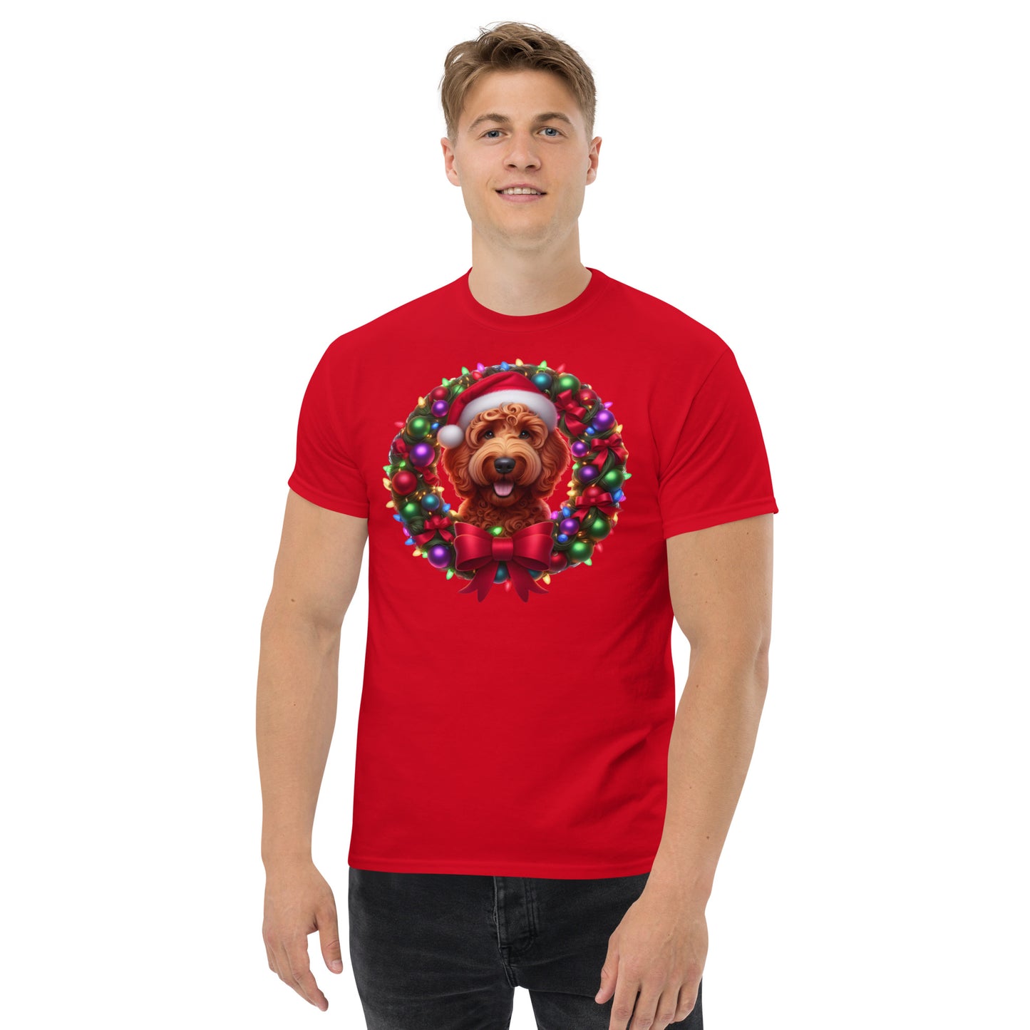 Red Christmas Doodle Wreath - Adult Unisex Classic Gildan T Shirt