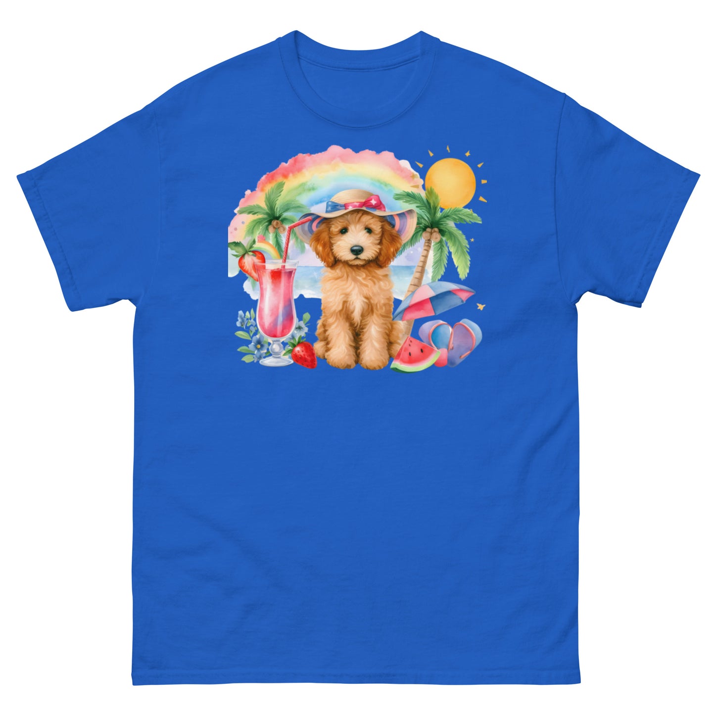 Doodle Puppy on Beach with Drink - Men's Classic Gildan T Shirt