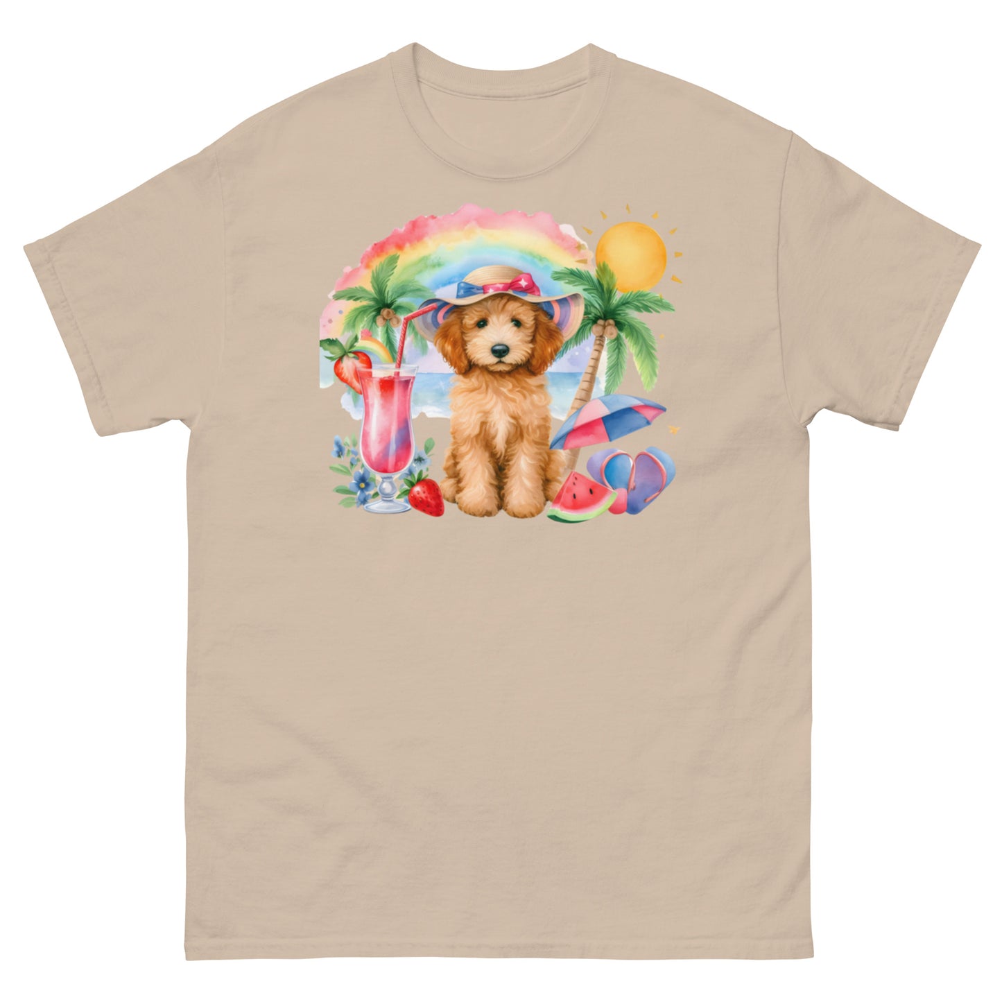 Doodle Puppy on Beach with Drink - Men's Classic Gildan T Shirt