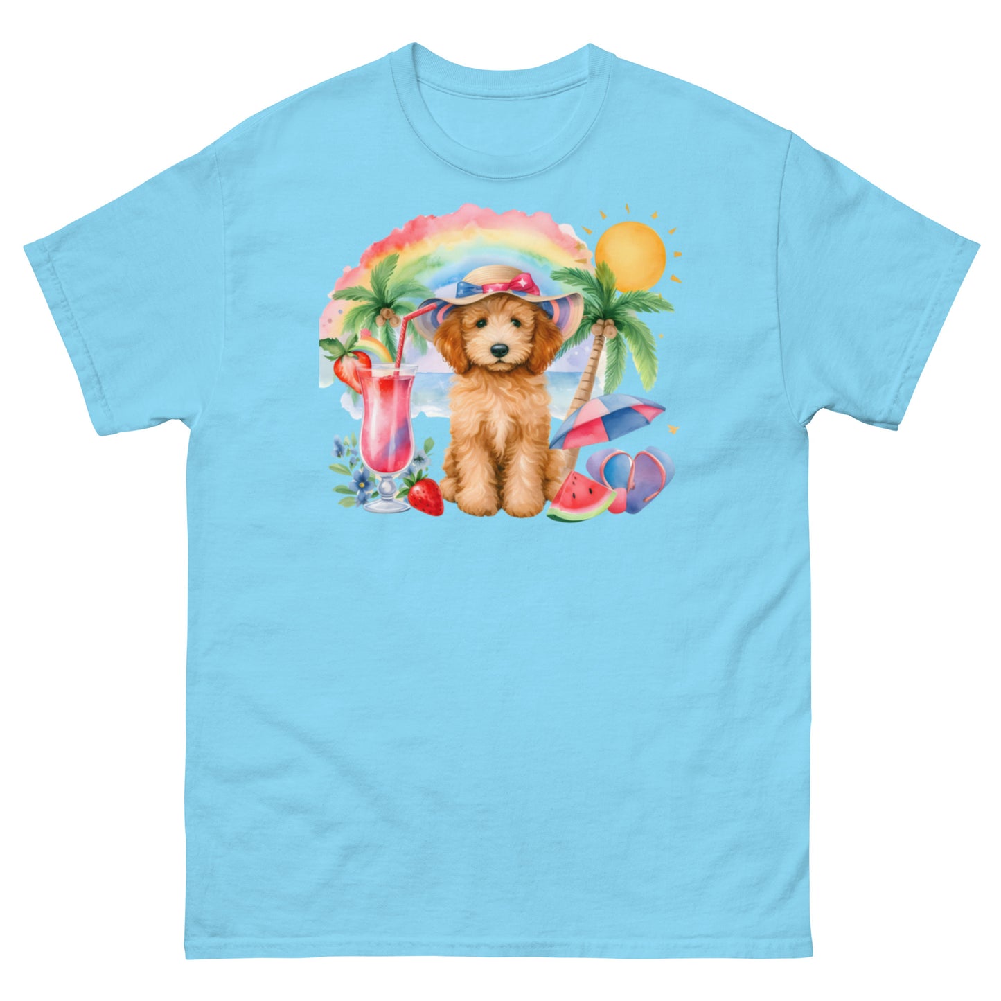 Doodle Puppy on Beach with Drink - Men's Classic Gildan T Shirt