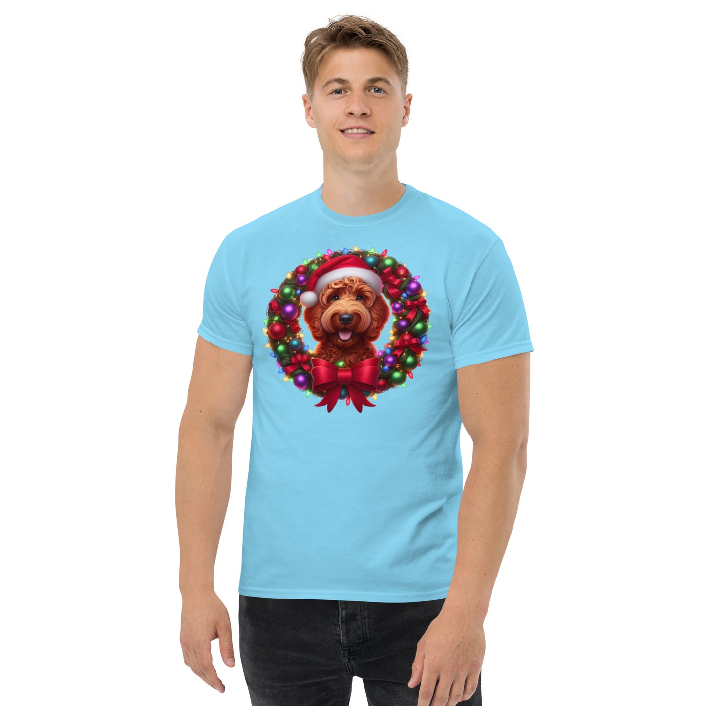 Red Christmas Doodle Wreath - Adult Unisex Classic Gildan T Shirt