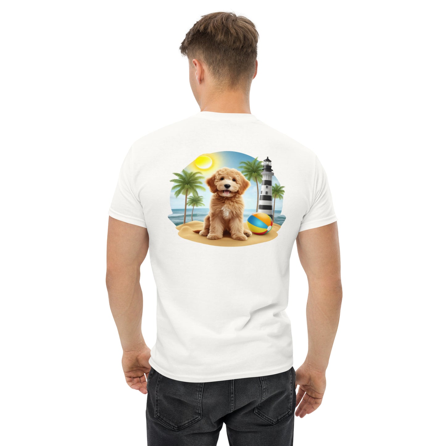 Doodle on Beach with Lighthouse - Men's Classic Gildan T Shirt