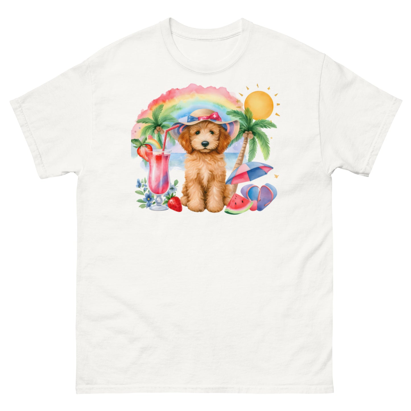 Doodle Puppy on Beach with Drink - Men's Classic Gildan T Shirt