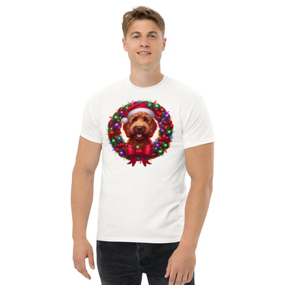 Red Christmas Doodle Wreath - Adult Unisex Classic Gildan T Shirt