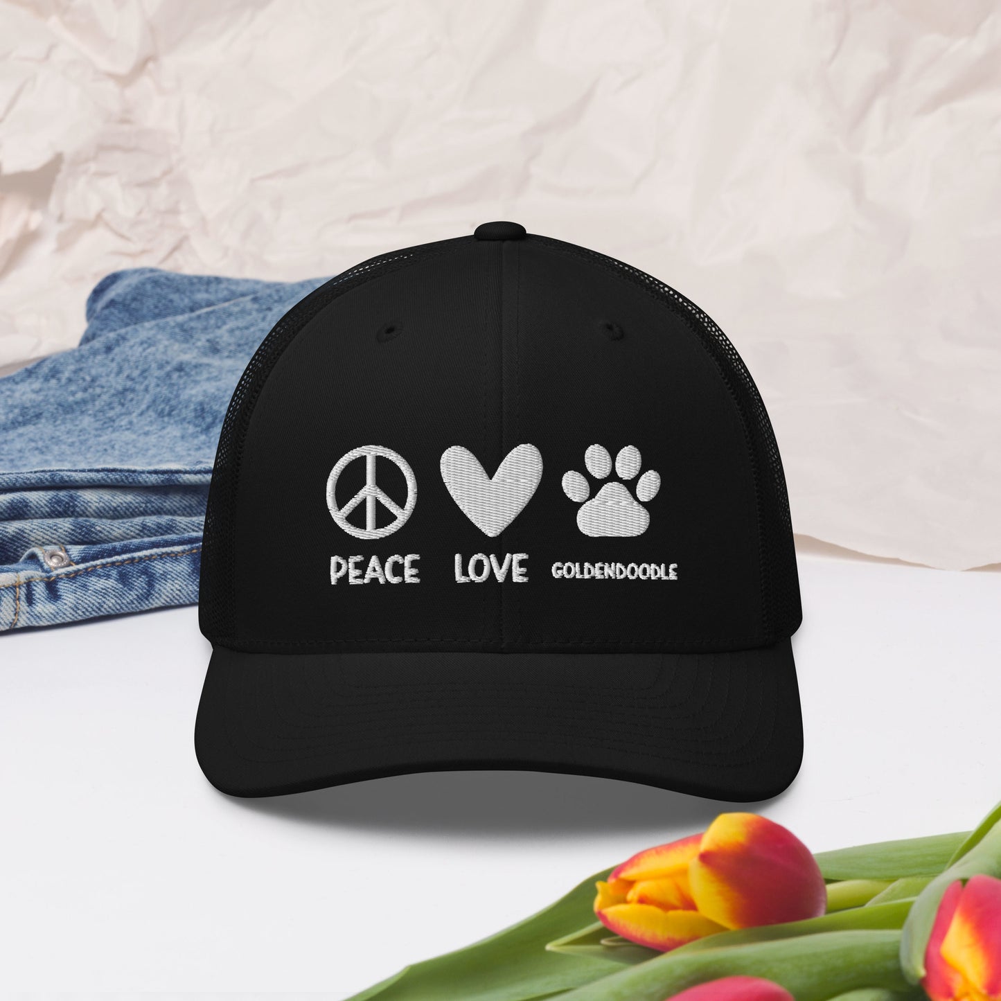 Peace Love Goldendoodle Embroidered Trucker Cap