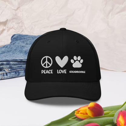 Peace Love Goldendoodle Embroidered Trucker Cap