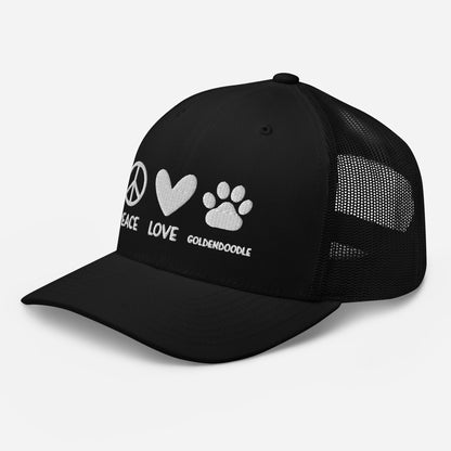 Peace Love Goldendoodle Embroidered Trucker Cap