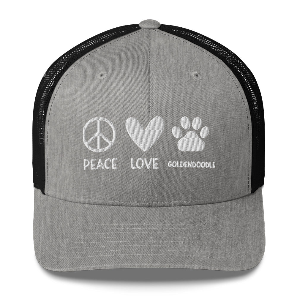 Peace Love Goldendoodle Embroidered Trucker Cap