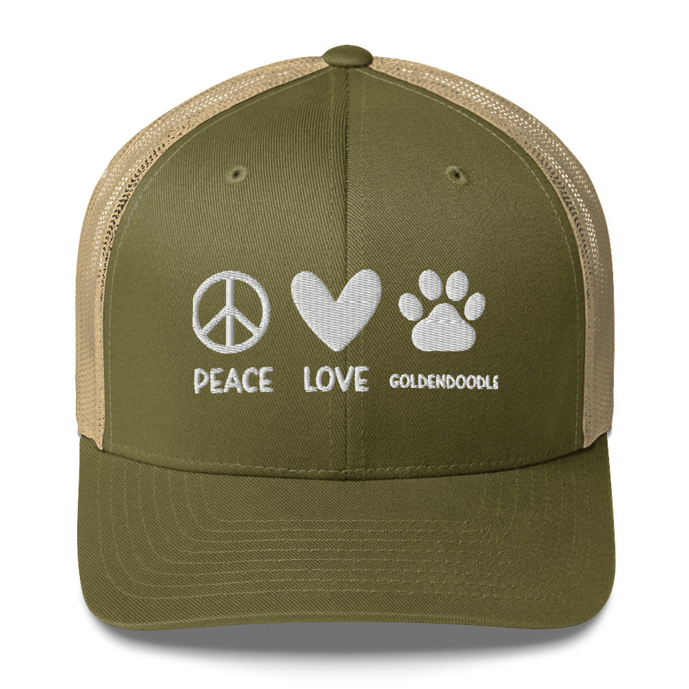 Peace Love Goldendoodle Embroidered Trucker Cap