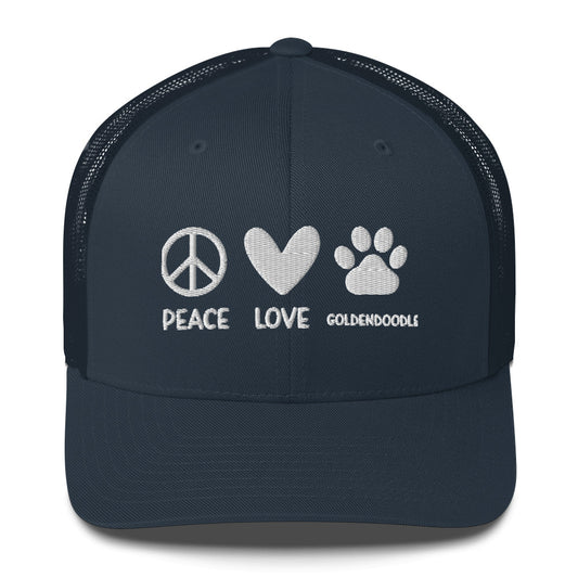 Peace Love Goldendoodle Embroidered Trucker Cap