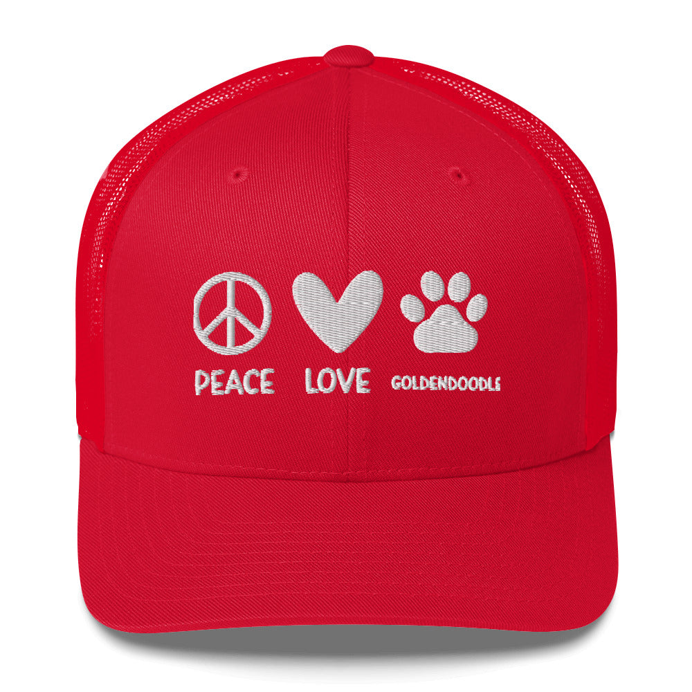 Peace Love Goldendoodle Embroidered Trucker Cap