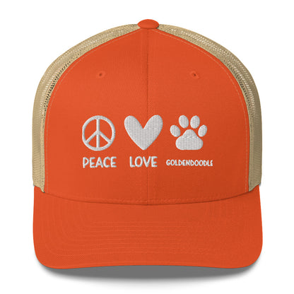 Peace Love Goldendoodle Embroidered Trucker Cap