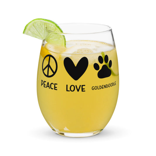 Peace Love Goldendoodle Stemless Wine Glass