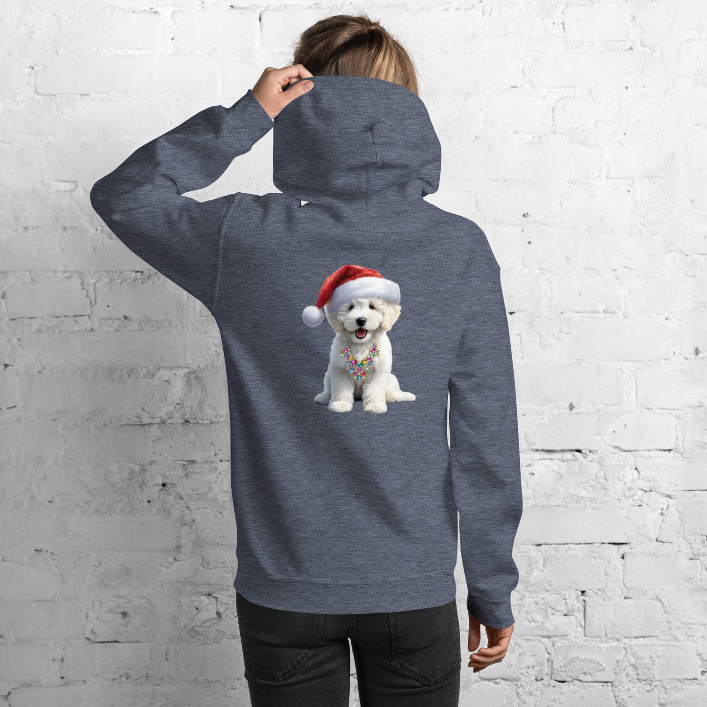 White Santa Doodle Puppy Heavy Blend Unisex Hooded Sweatshirt