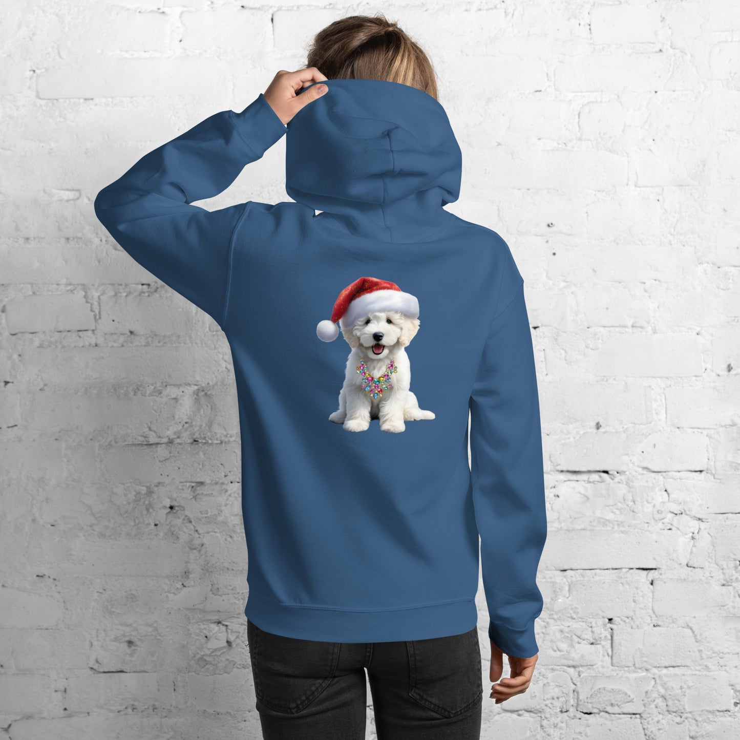 White Santa Doodle Puppy Heavy Blend Unisex Hooded Sweatshirt