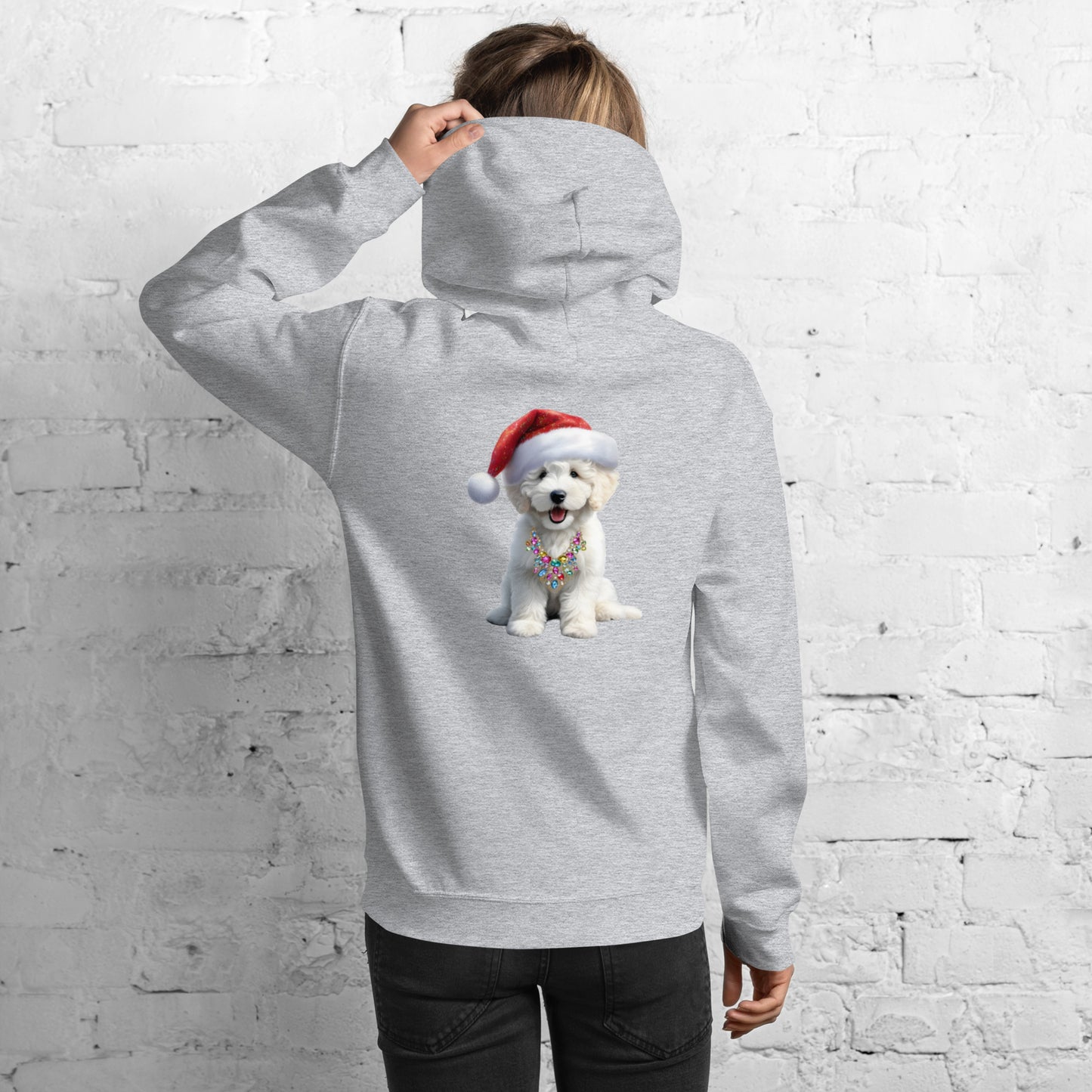 White Santa Doodle Puppy Heavy Blend Unisex Hooded Sweatshirt