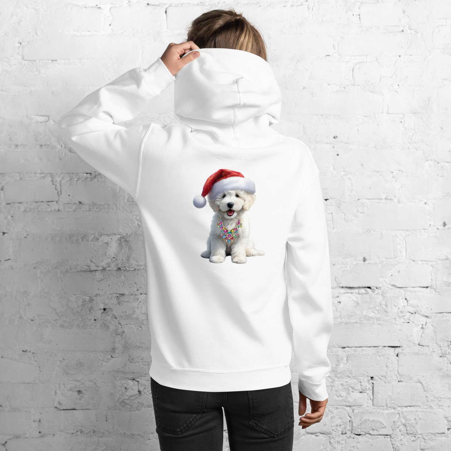 White Santa Doodle Puppy Heavy Blend Unisex Hooded Sweatshirt