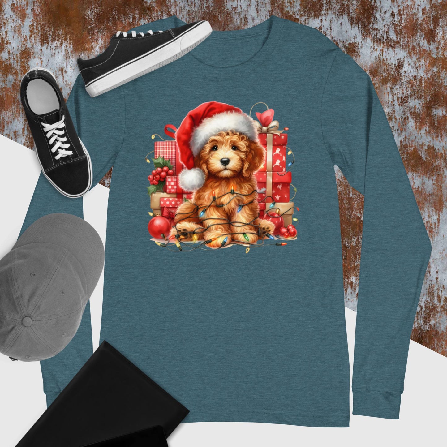 Apricot Christmas Doodle - Adult Unisex Long Sleeve T Shirt Bella + Canvas