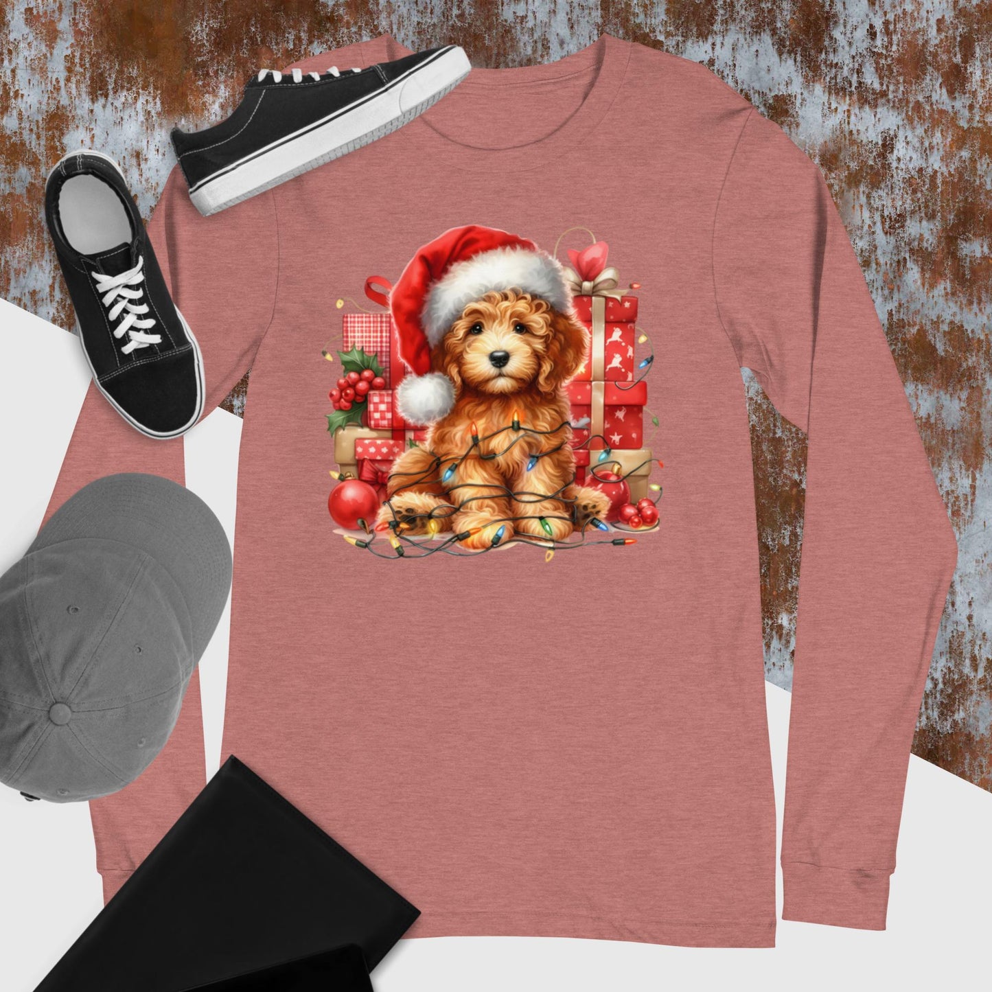 Apricot Christmas Doodle - Adult Unisex Long Sleeve T Shirt Bella + Canvas