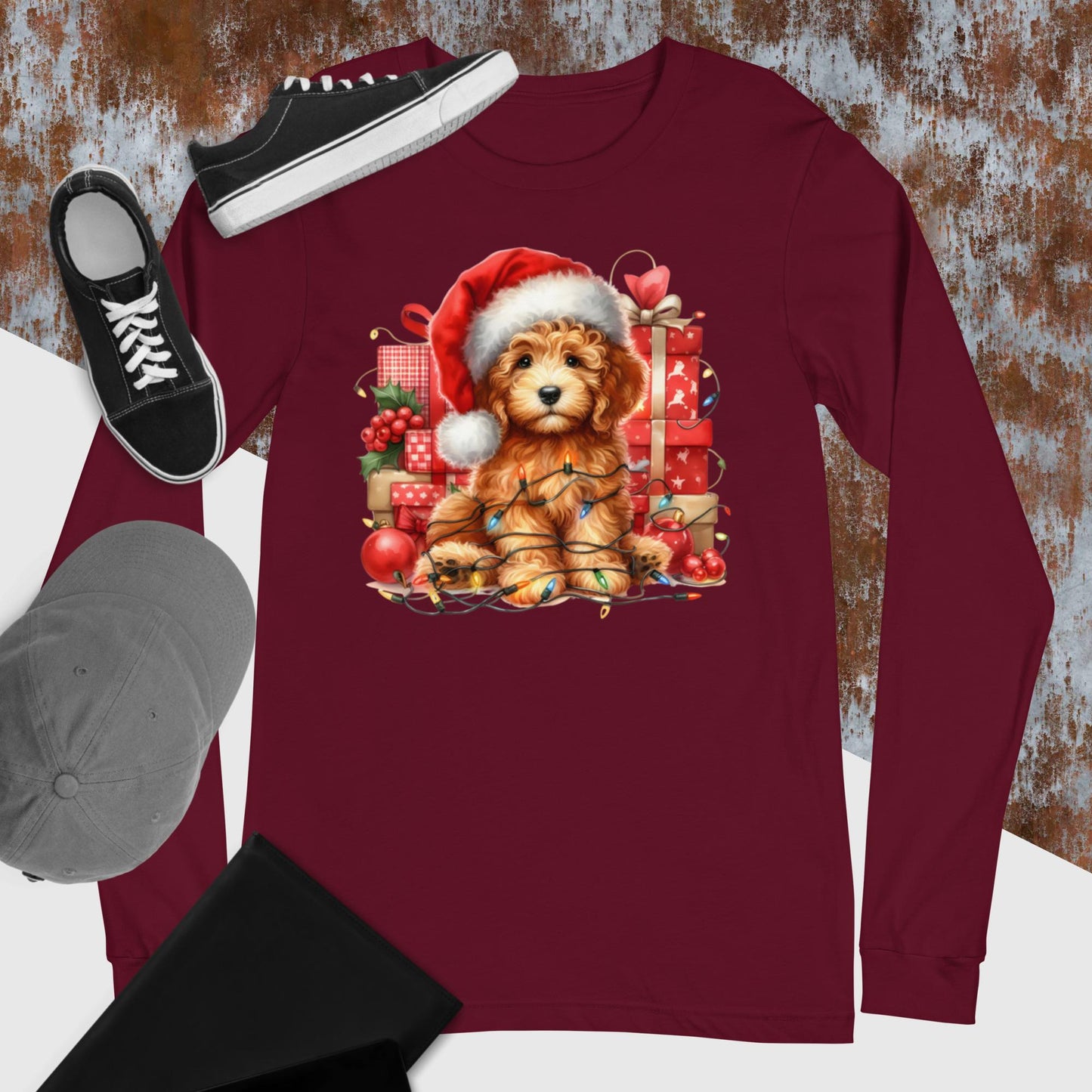 Apricot Christmas Doodle - Adult Unisex Long Sleeve T Shirt Bella + Canvas