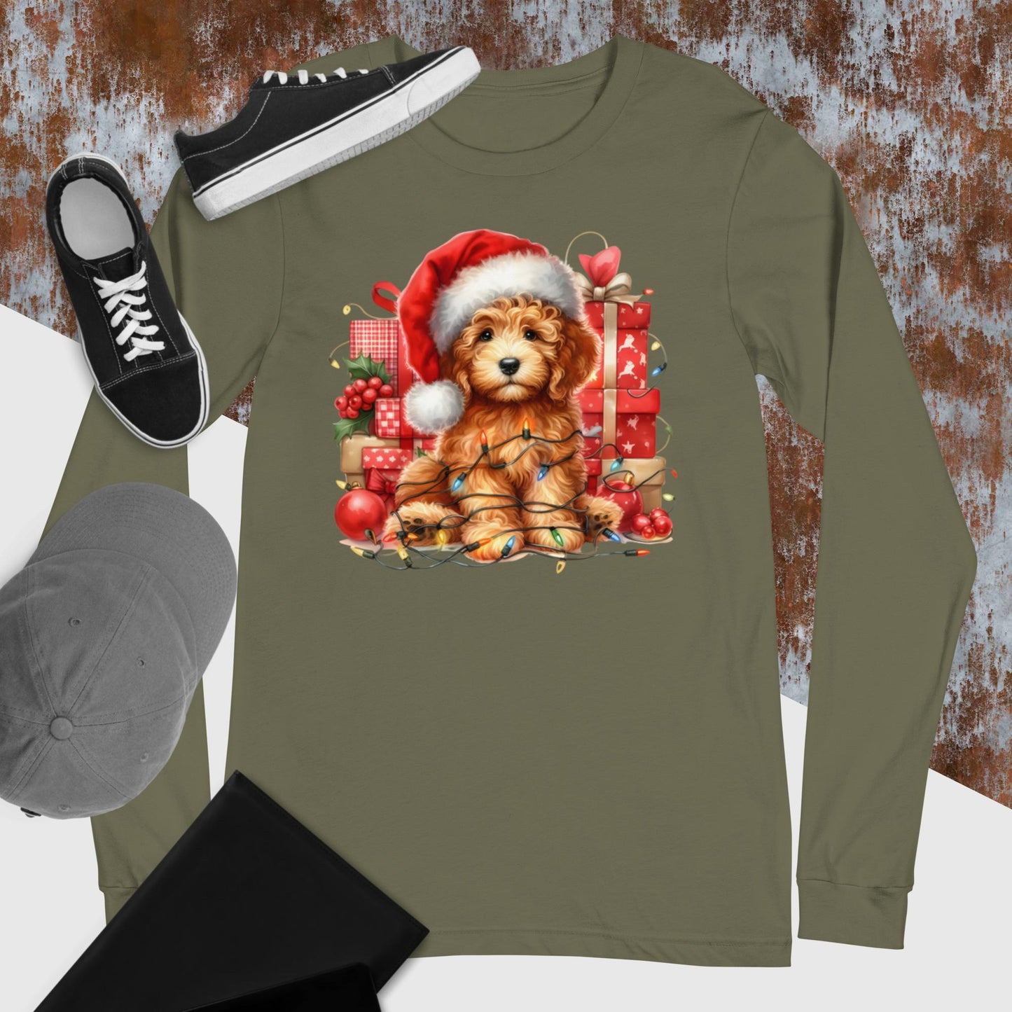 Apricot Christmas Doodle - Adult Unisex Long Sleeve T Shirt Bella + Canvas