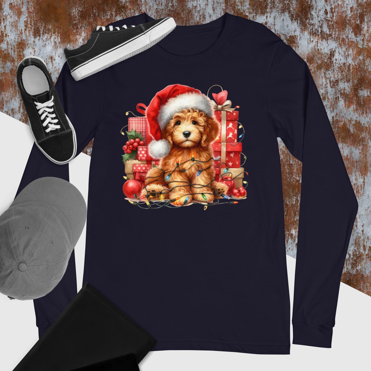 Apricot Christmas Doodle - Adult Unisex Long Sleeve T Shirt Bella + Canvas