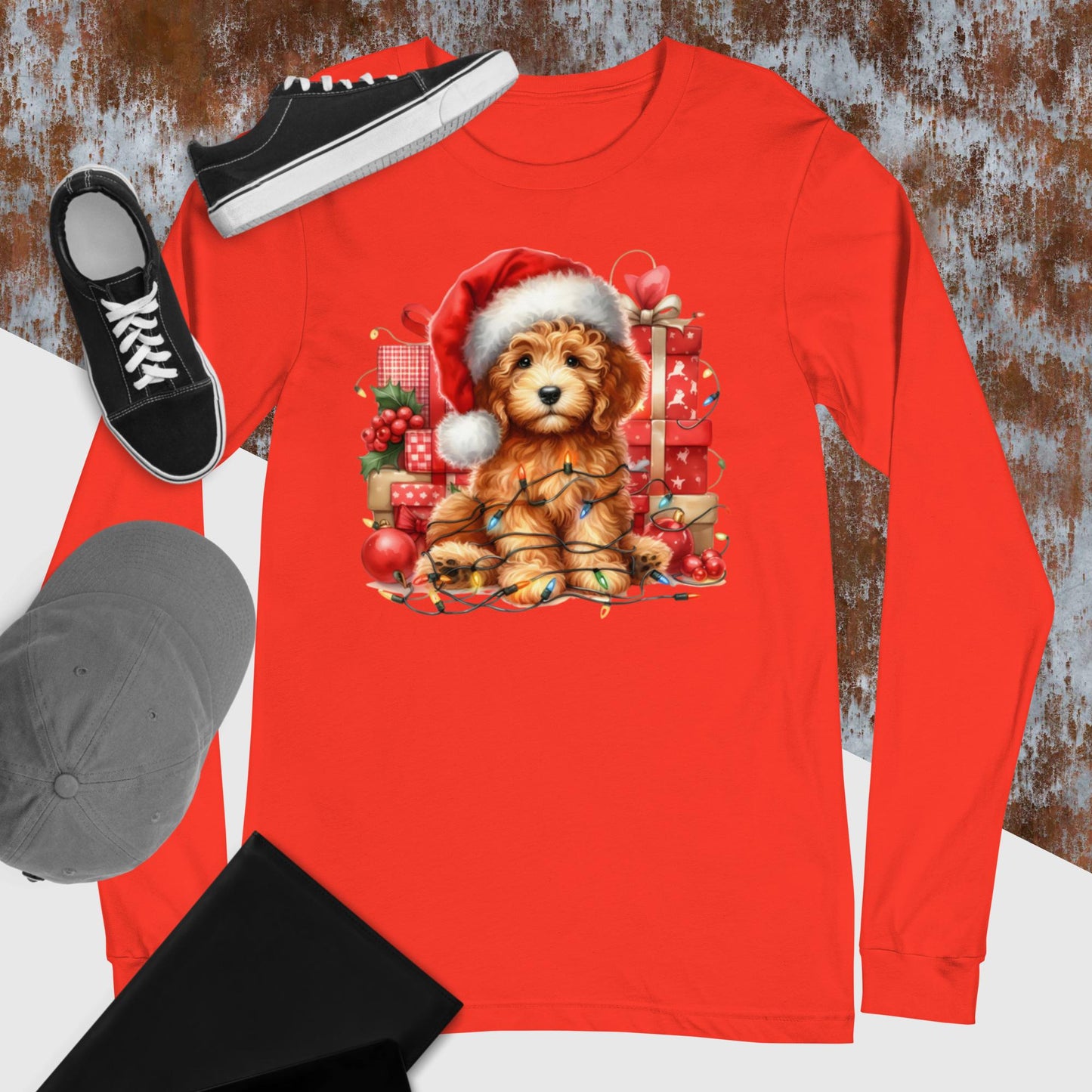 Apricot Christmas Doodle - Adult Unisex Long Sleeve T Shirt Bella + Canvas