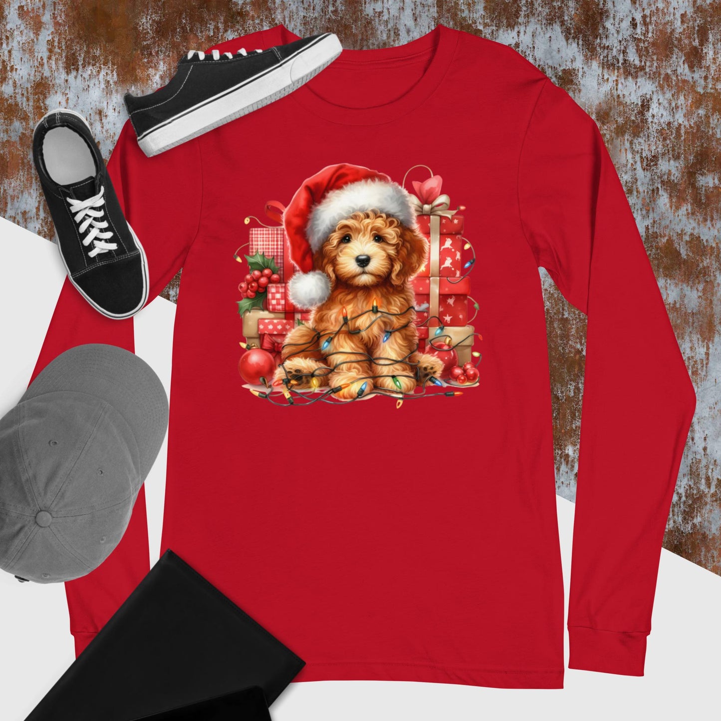 Apricot Christmas Doodle - Adult Unisex Long Sleeve T Shirt Bella + Canvas