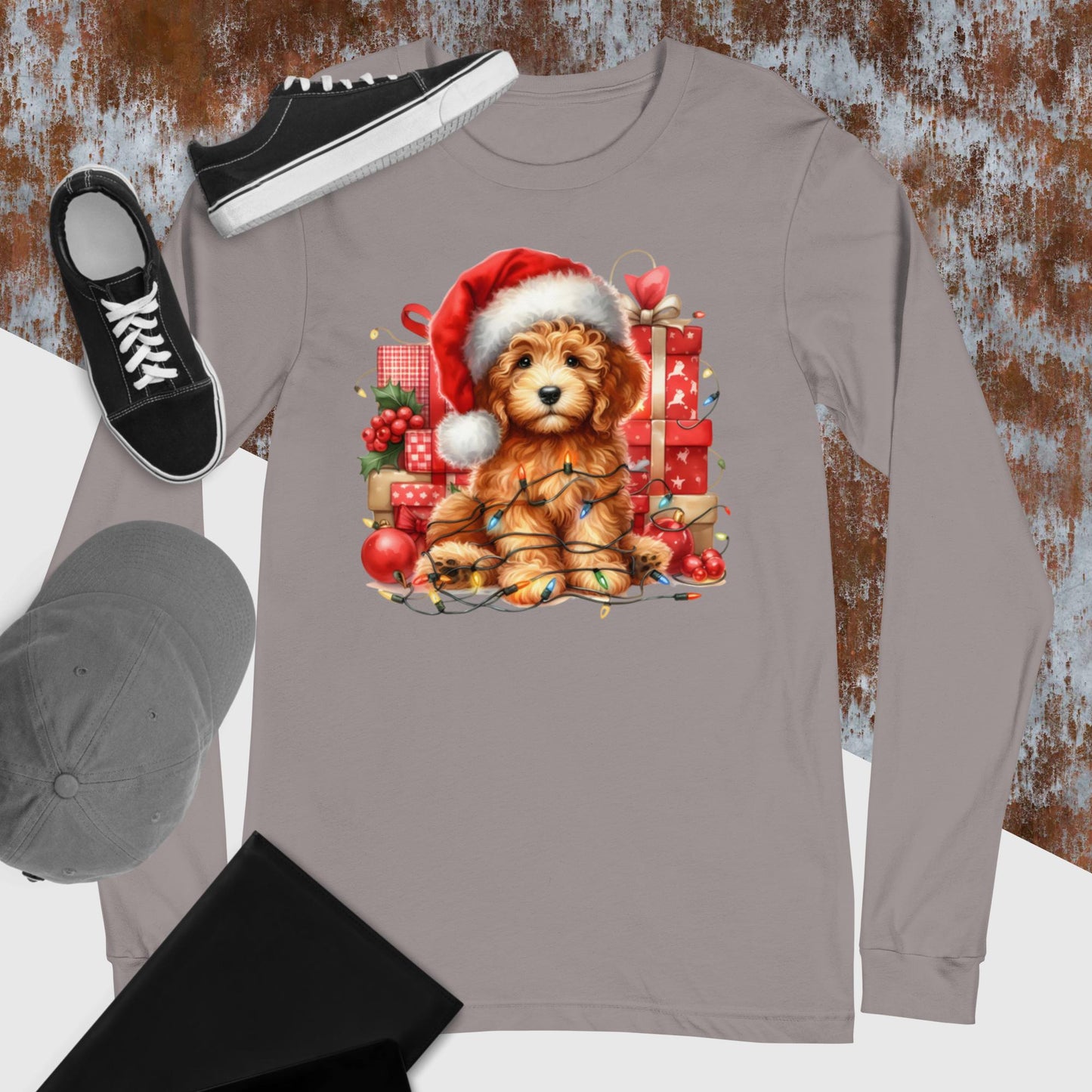 Apricot Christmas Doodle - Adult Unisex Long Sleeve T Shirt Bella + Canvas